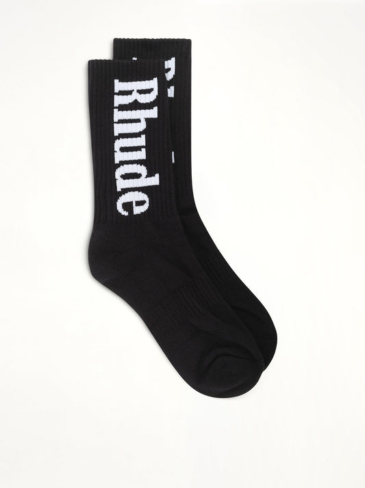 Image of Socks. Productname: RHUDE Rhude Vertical Logo Sock in BLACK/WHITE colour by brand - RHUDE