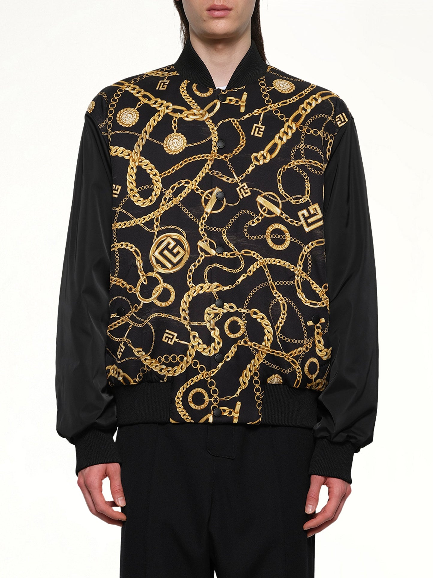Image of Coats & Jackets. Productname: BALMAIN AO Chain&Monogram Reversible Jacket in BLACK/GOLD colour by brand - BALMAIN