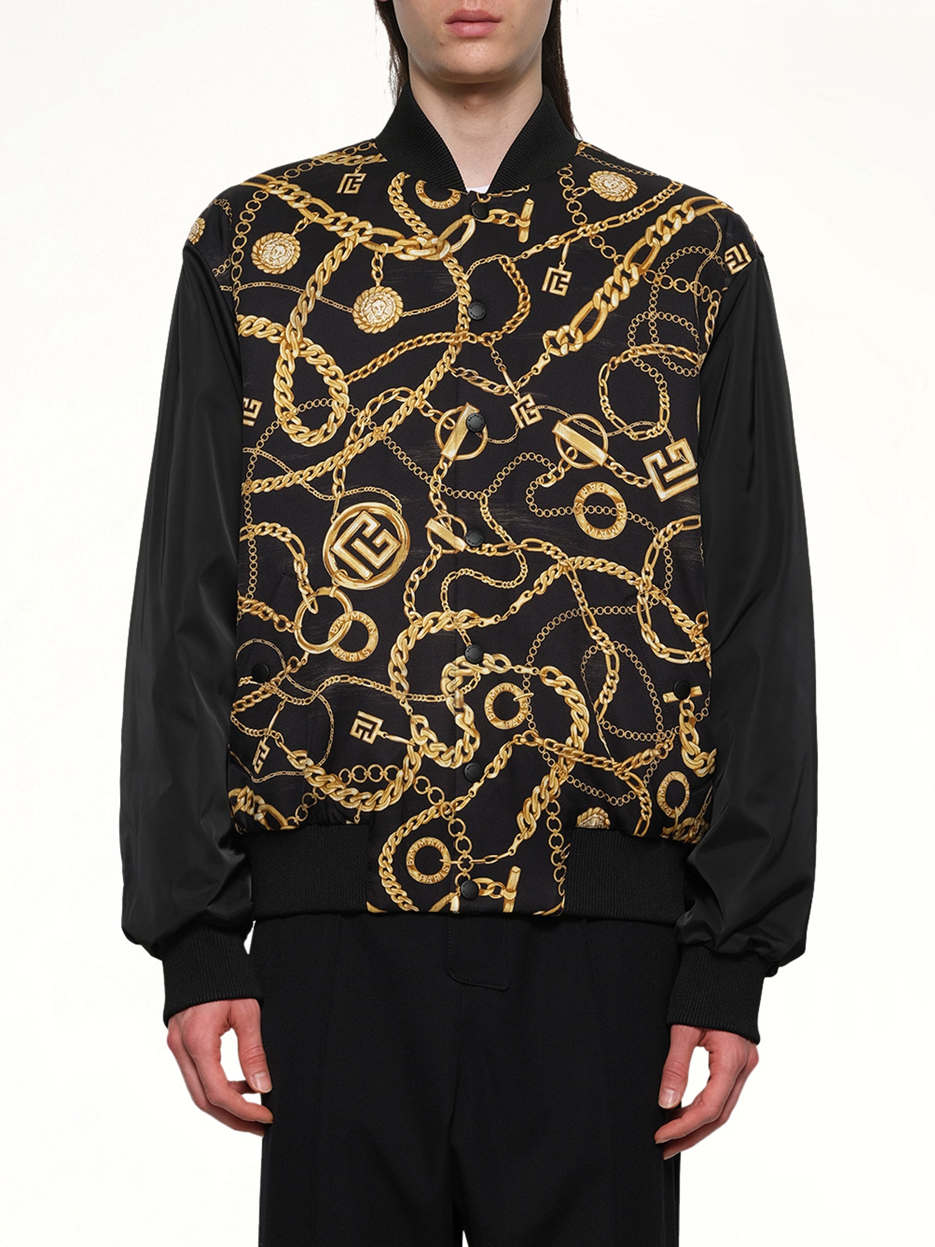 Image of Coats & Jackets. Productname: BALMAIN AO Chain&Monogram Reversible Jacket in BLACK/GOLD colour by brand - BALMAIN