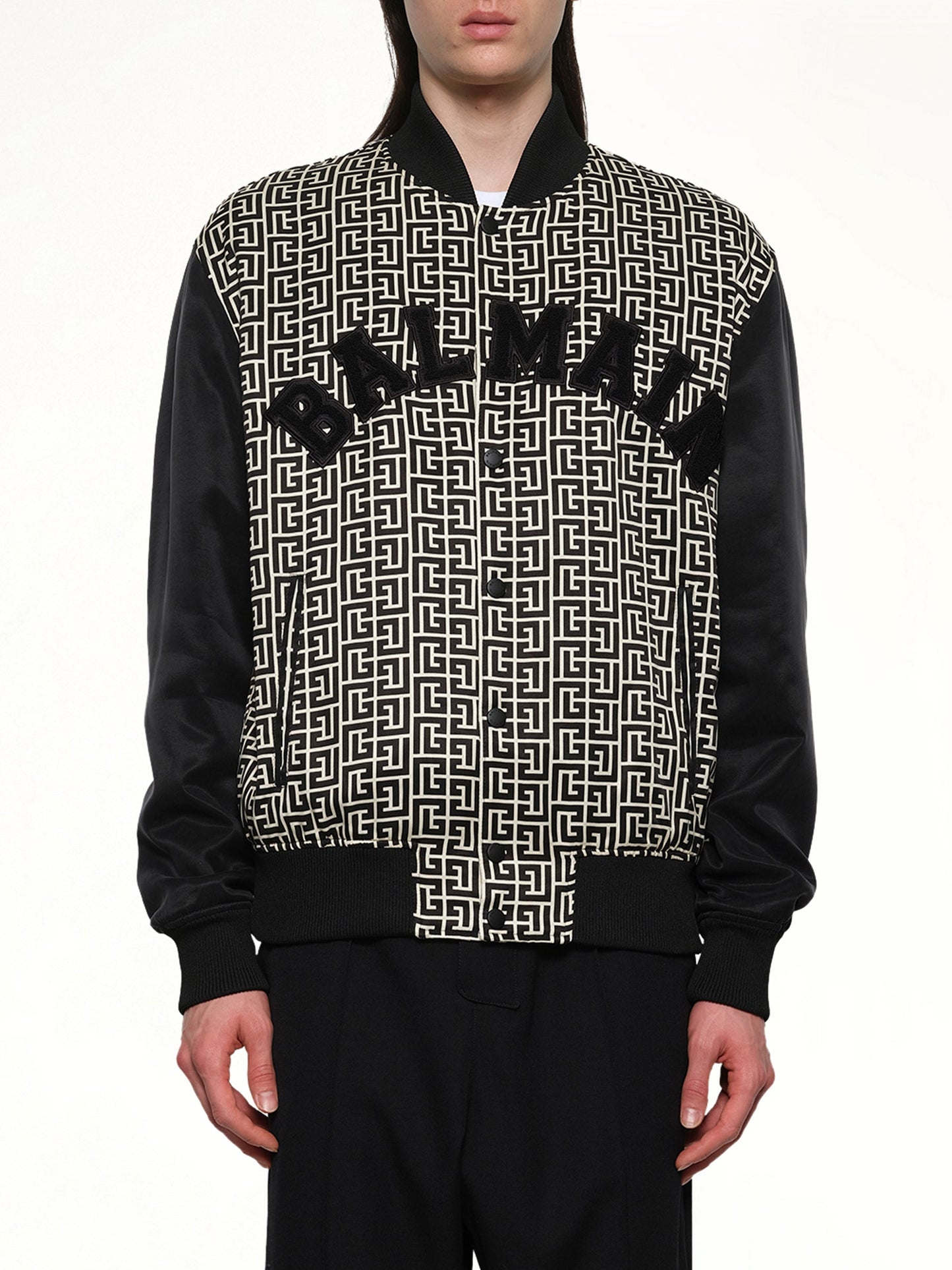 Image of Coats & Jackets. Productname: BALMAIN Monogram Varsity Jacket in BLACK/WHITE colour by brand - BALMAIN