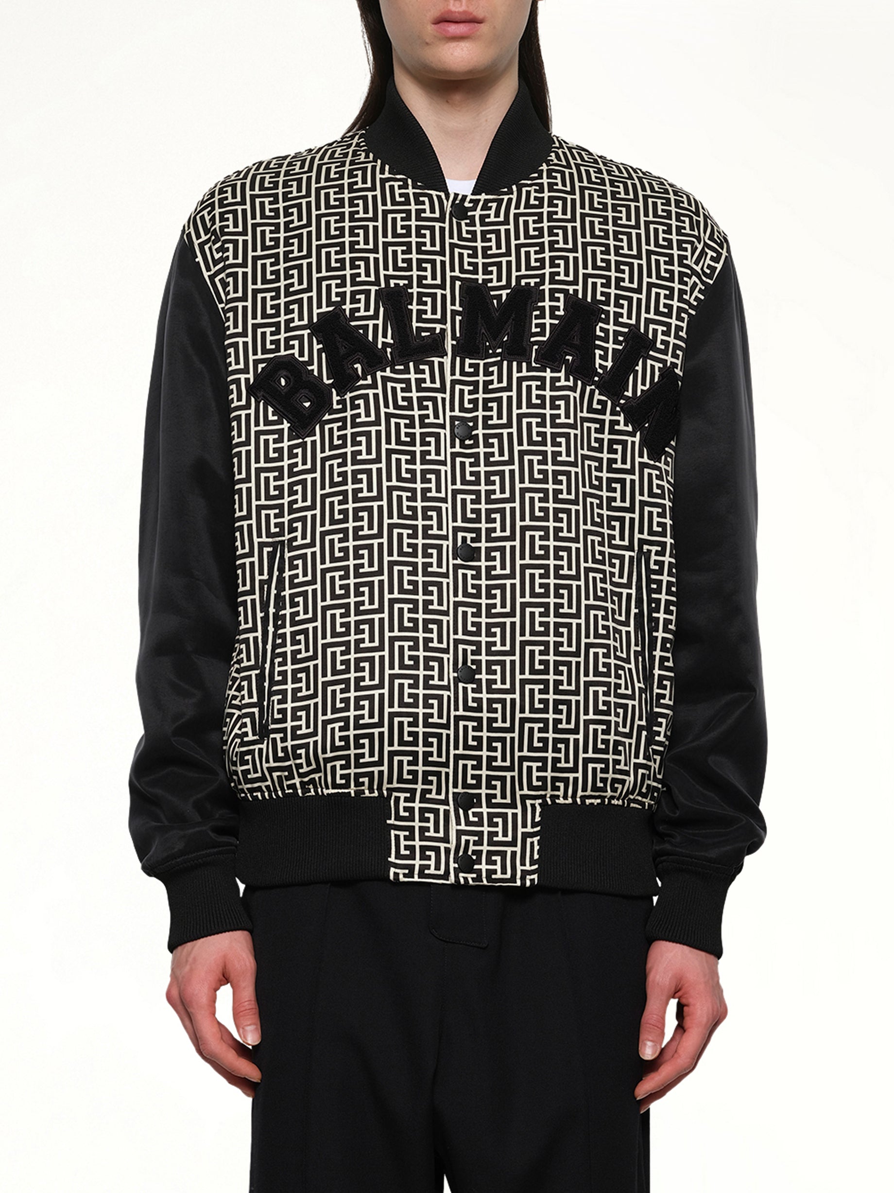 Image of Coats & Jackets. Productname: BALMAIN Monogram Varsity Jacket in BLACK/WHITE colour by brand - BALMAIN
