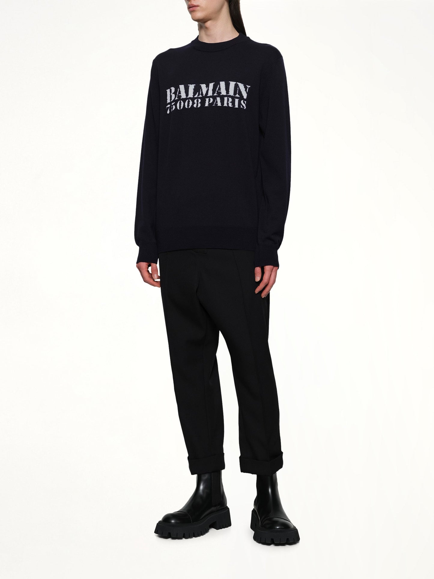 BALMAIN Balmain Big Stamp Knit Sweater (Navy/White)