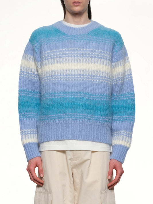 Image of a model wearing Outerwear. Product name - Kenzo Speed Stripe Jumper in Blue colour by brand - KENZO