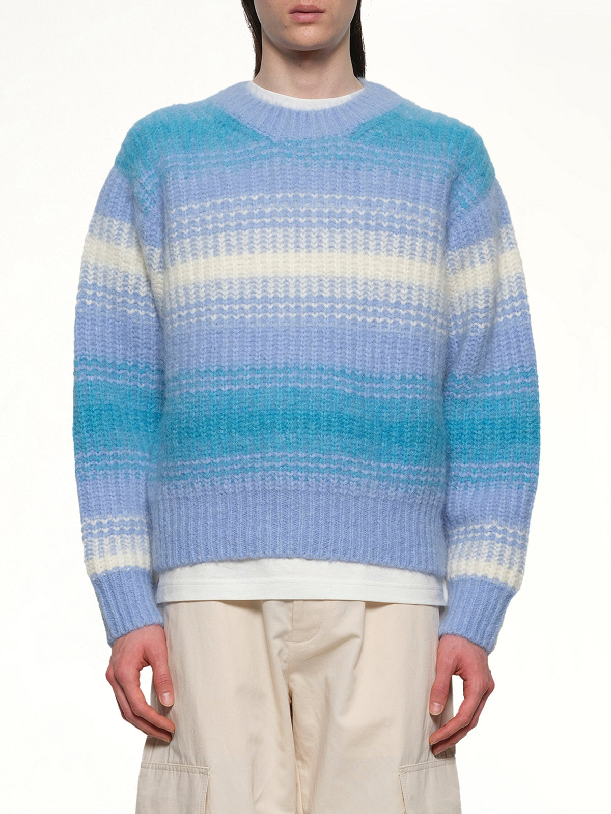 Image of a model wearing Outerwear. Product name - Kenzo Speed Stripe Jumper in Blue colour by brand - KENZO