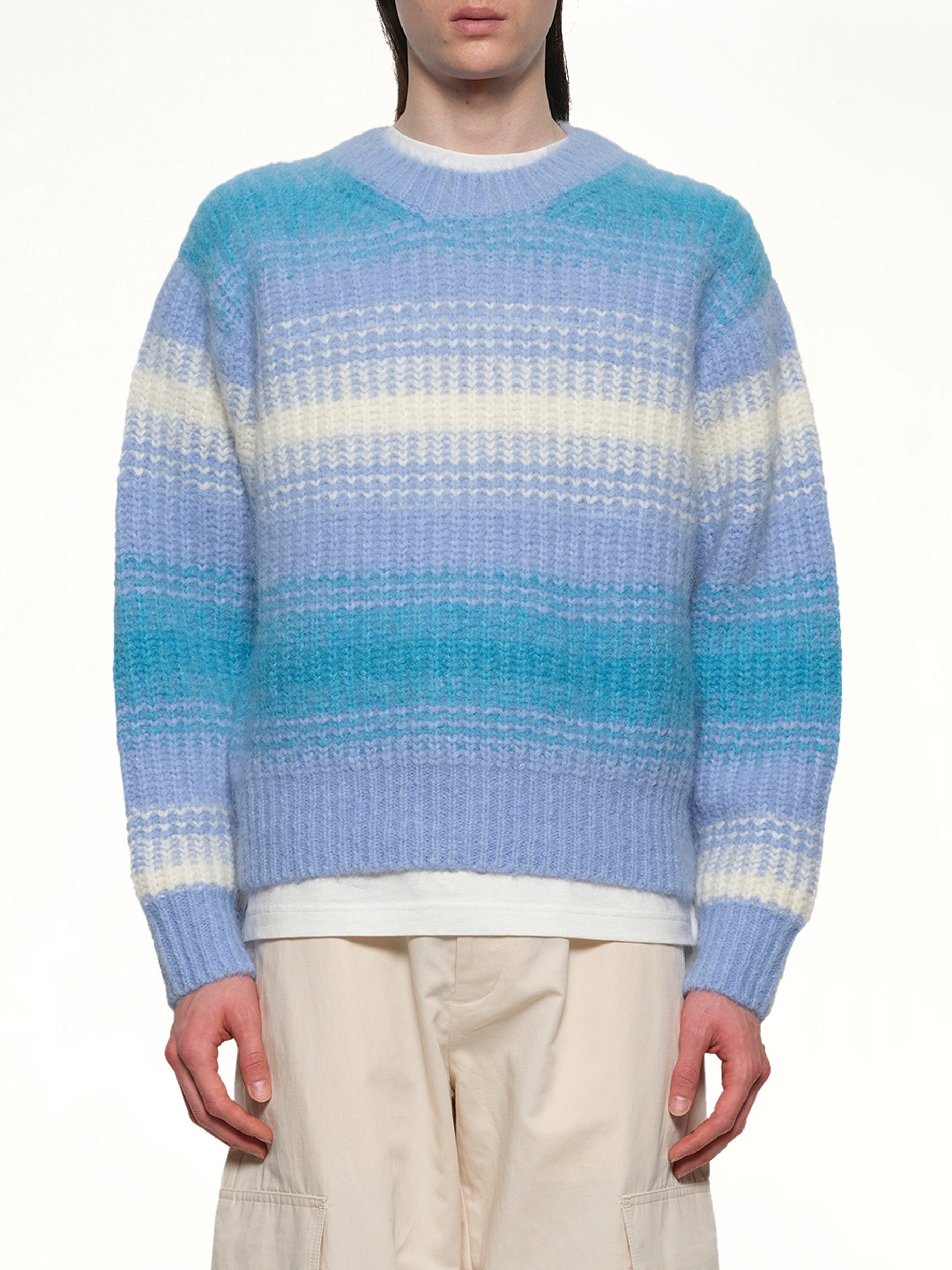 Image of a model wearing Outerwear. Product name - Kenzo Speed Stripe Jumper in Blue colour by brand - KENZO