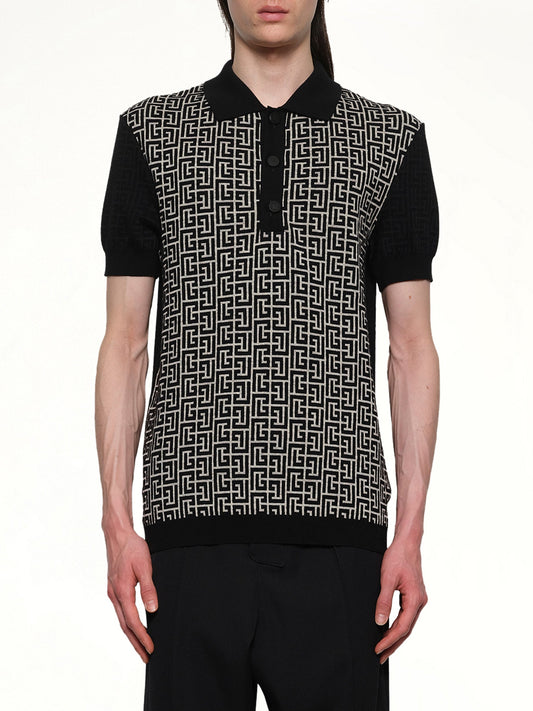 Image of a model wearing Tops. Productname: BALMAIN Mix Monogram Knit Polo in Ivory/Black colour by brand - BALMAIN