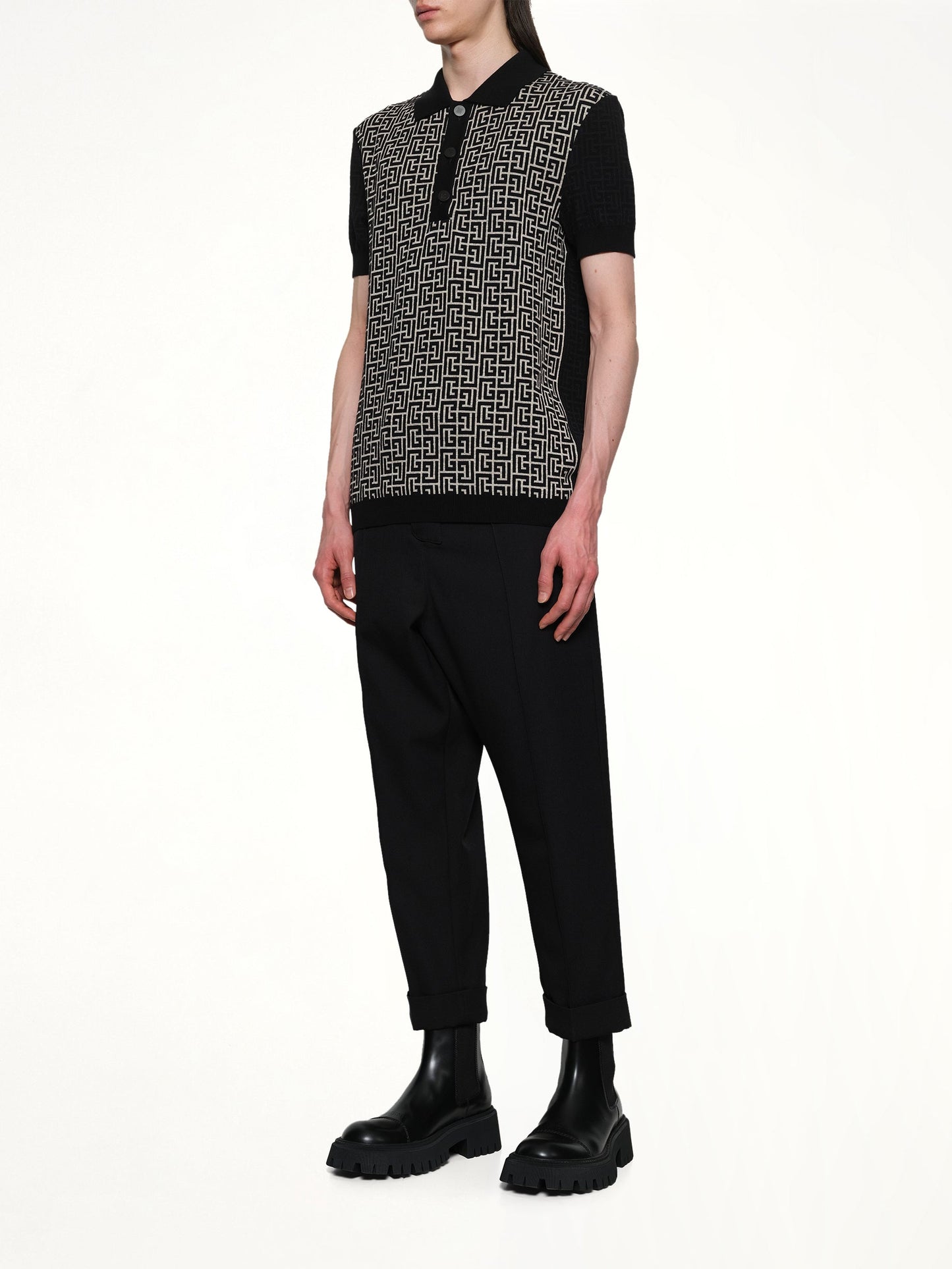 BALMAIN Mix Monogram Knit Polo (Ivory/Black)