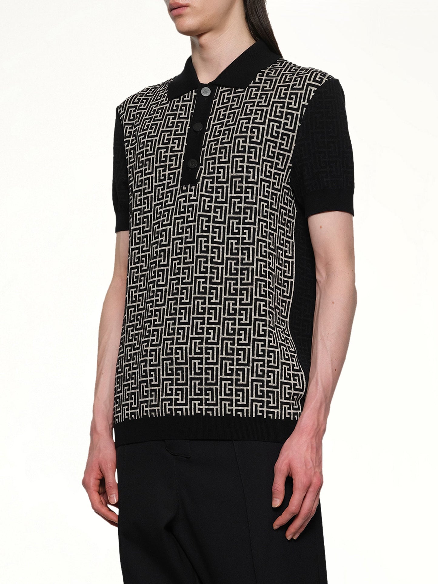 BALMAIN Mix Monogram Knit Polo (Ivory/Black)