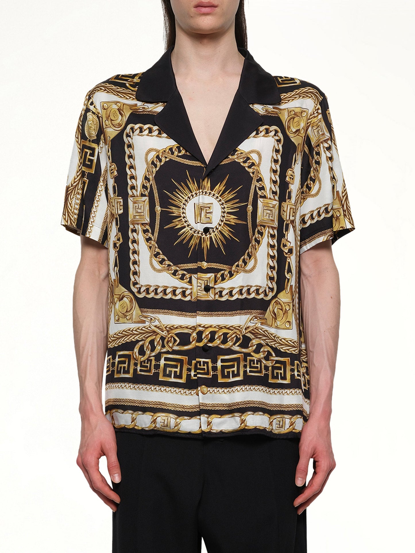 Image of a model wearing Tops. Productname: BALMAIN Foulard Print Shirt in BLACK/WHITE/GOLD colour by brand - BALMAIN