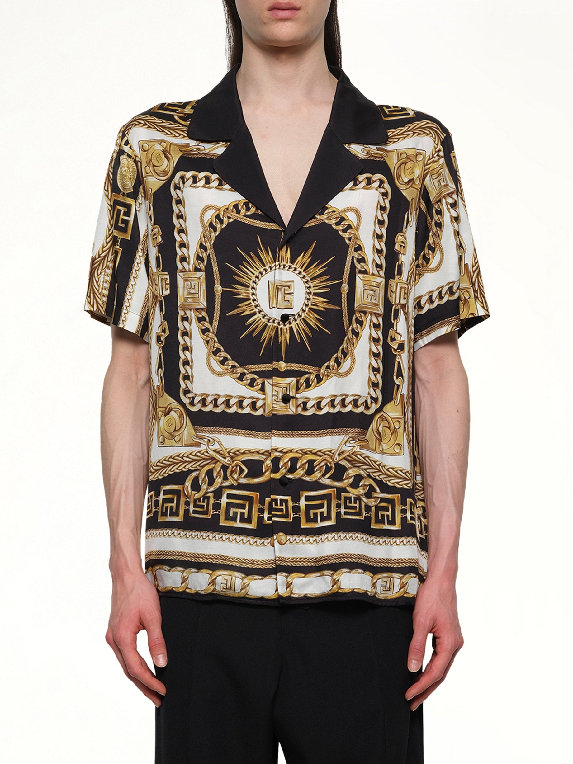 Image of a model wearing Tops. Productname: BALMAIN Foulard Print Shirt in BLACK/WHITE/GOLD colour by brand - BALMAIN