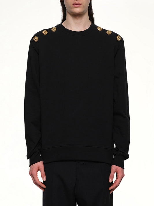 Image of a model wearing Outerwear. Productname: BALMAIN 6 Shoulder Button Sweatshirt in BLACK colour by brand - BALMAIN