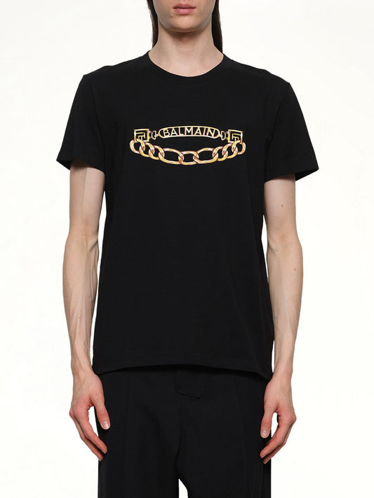 Image of T-Shirts. Productname: Balmain Chain Logo T-Shirt in Black/Gold colour by brand - BALMAIN