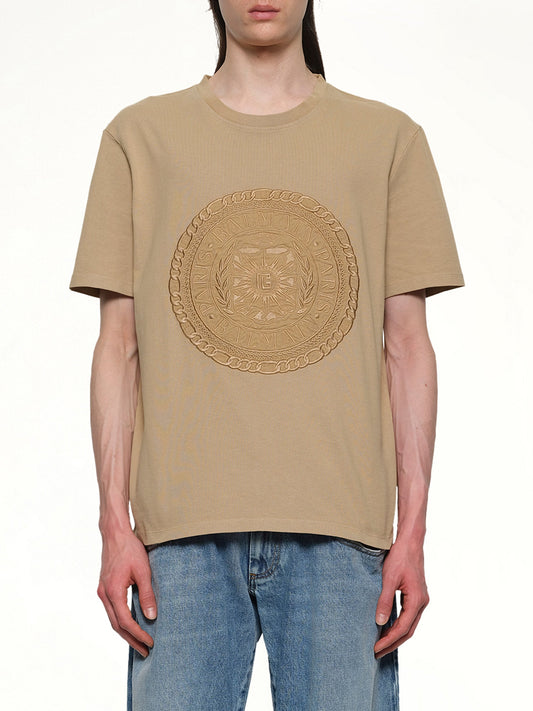 Image of T-Shirts. Product name - Balmain Medal T-Shirt in Camel colour by brand - BALMAIN