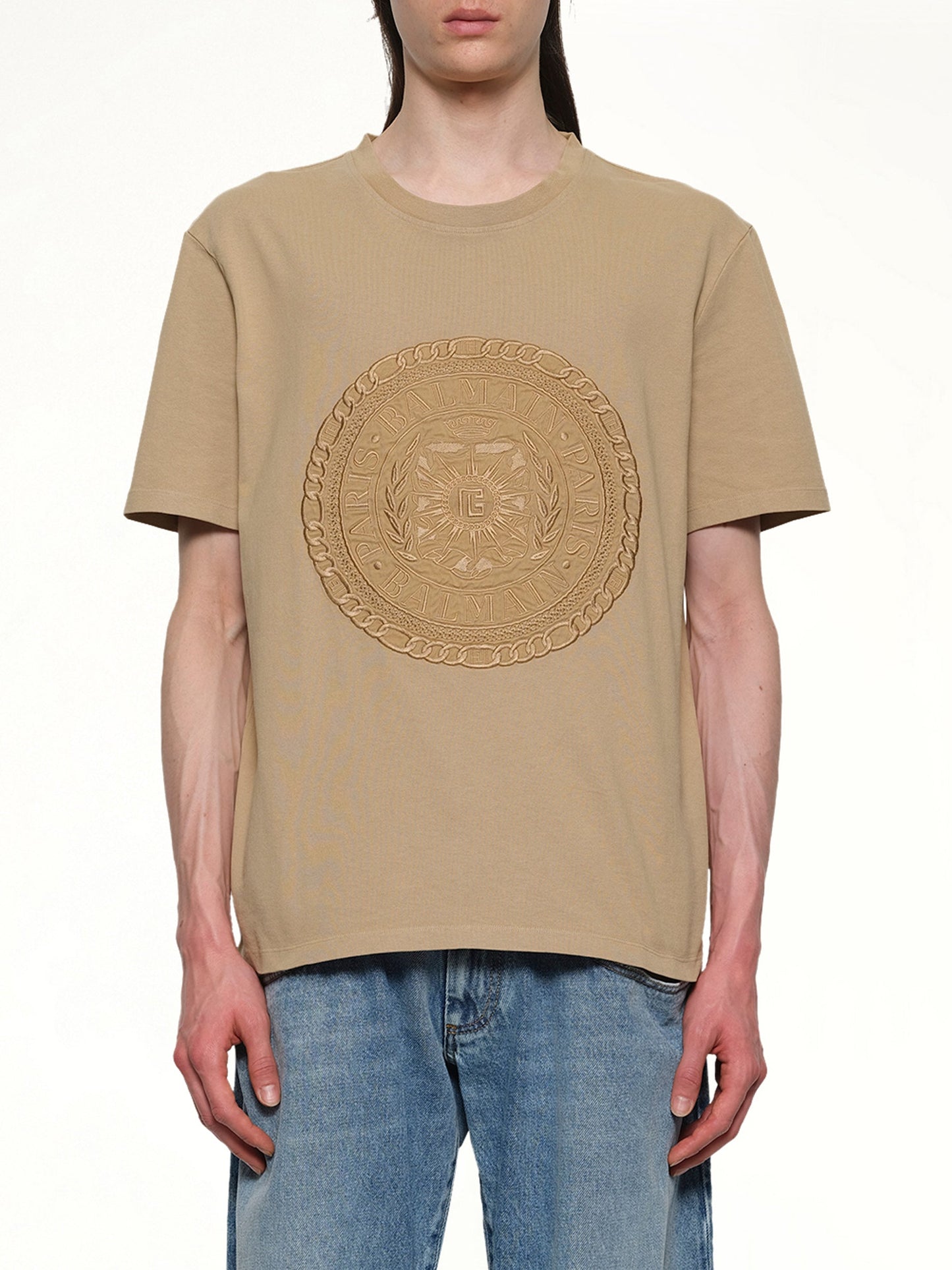 Image of T-Shirts. Product name - Balmain Medal T-Shirt in Camel colour by brand - BALMAIN