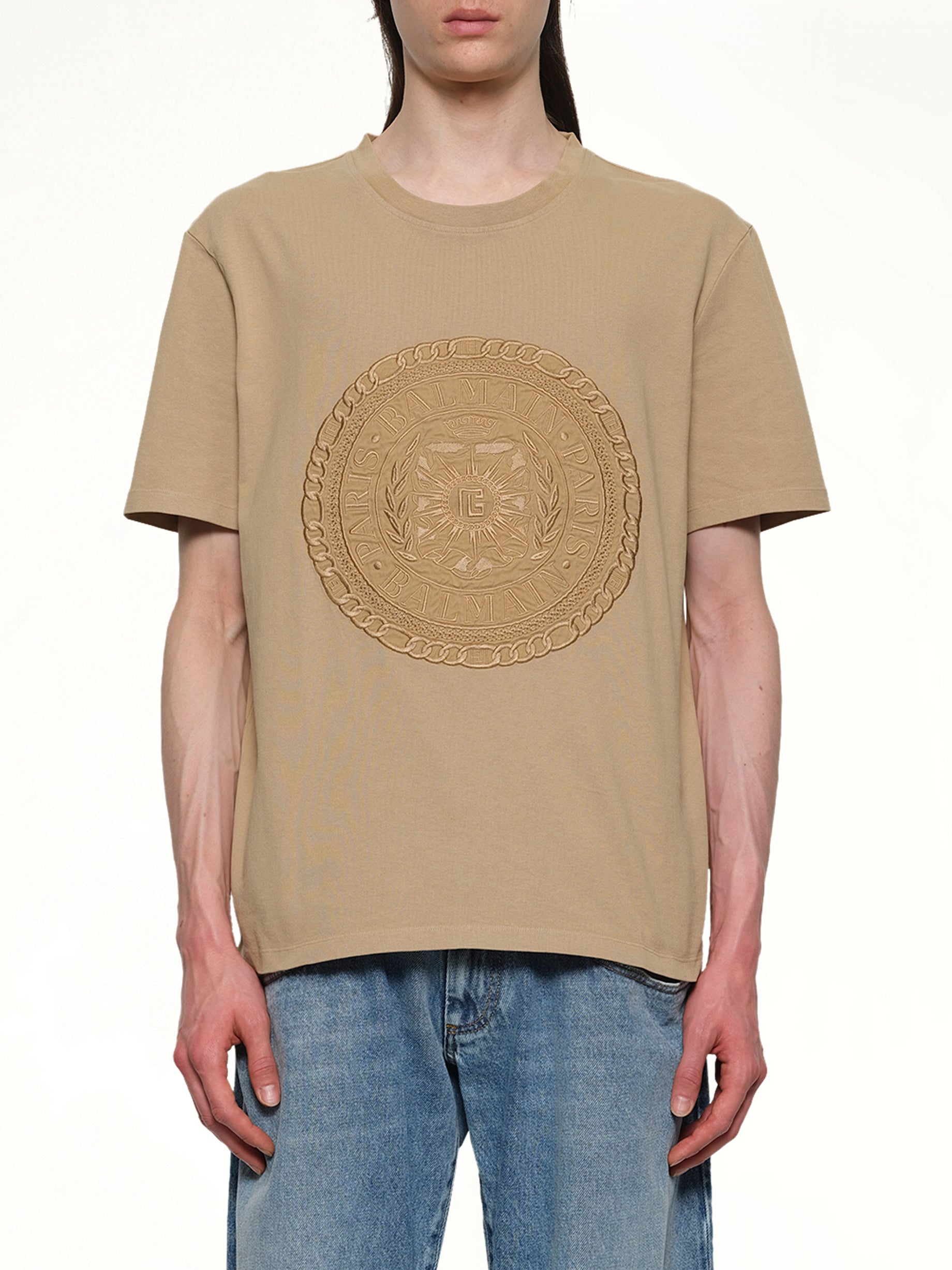 Image of T-Shirts. Product name - Balmain Medal T-Shirt in Camel colour by brand - BALMAIN