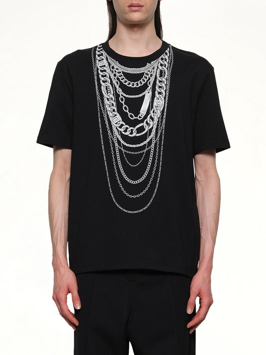 Image of a model wearing Tops. Productname: BALMAIN Chain Trompe L'Oeil T-Shirt in BLACK/WHITE colour by brand - BALMAIN
