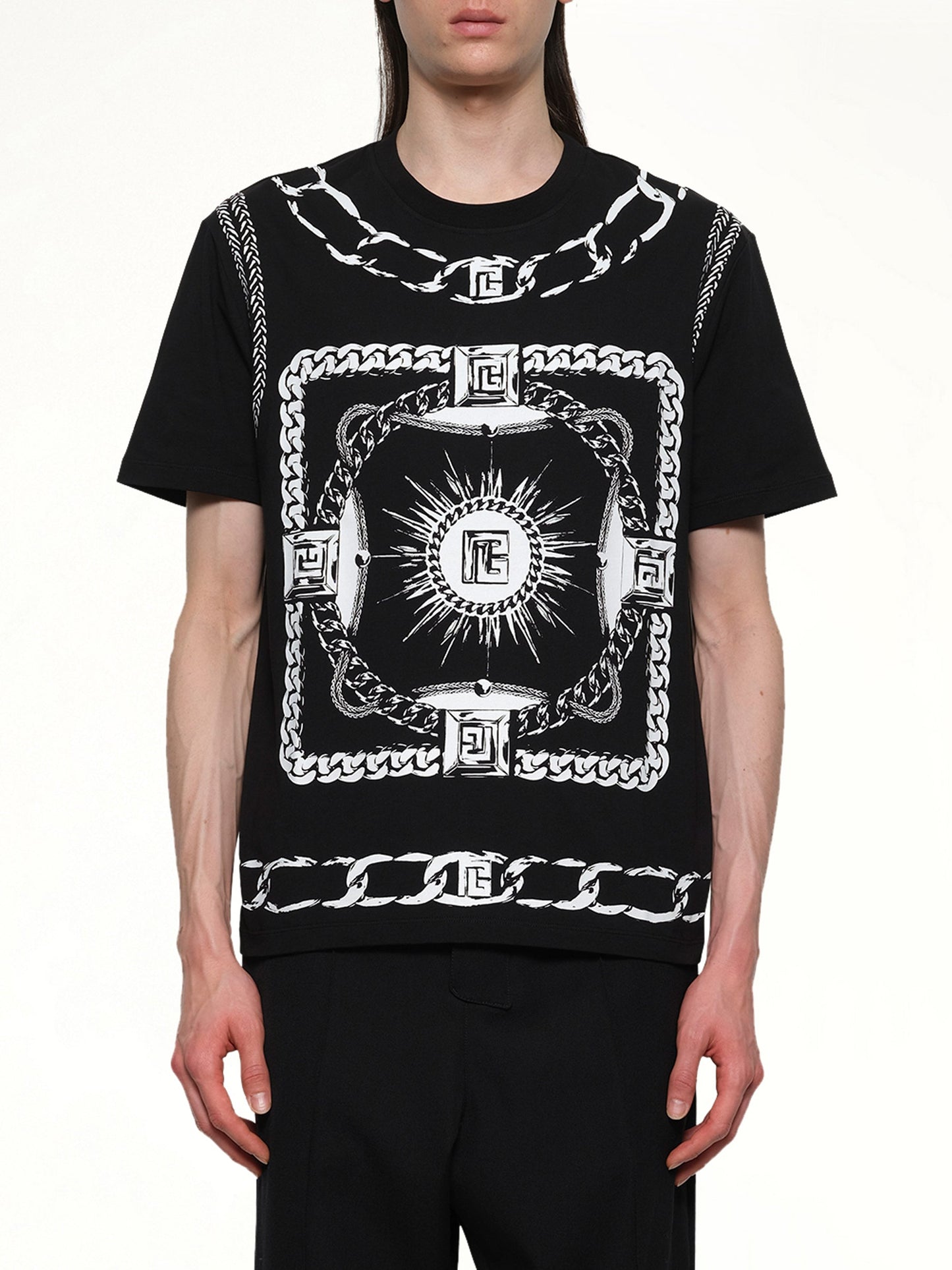 Image of a model wearing Tops. Productname: BALMAIN Foulard Print T-Shirt in BLACK/WHITE colour by brand - BALMAIN