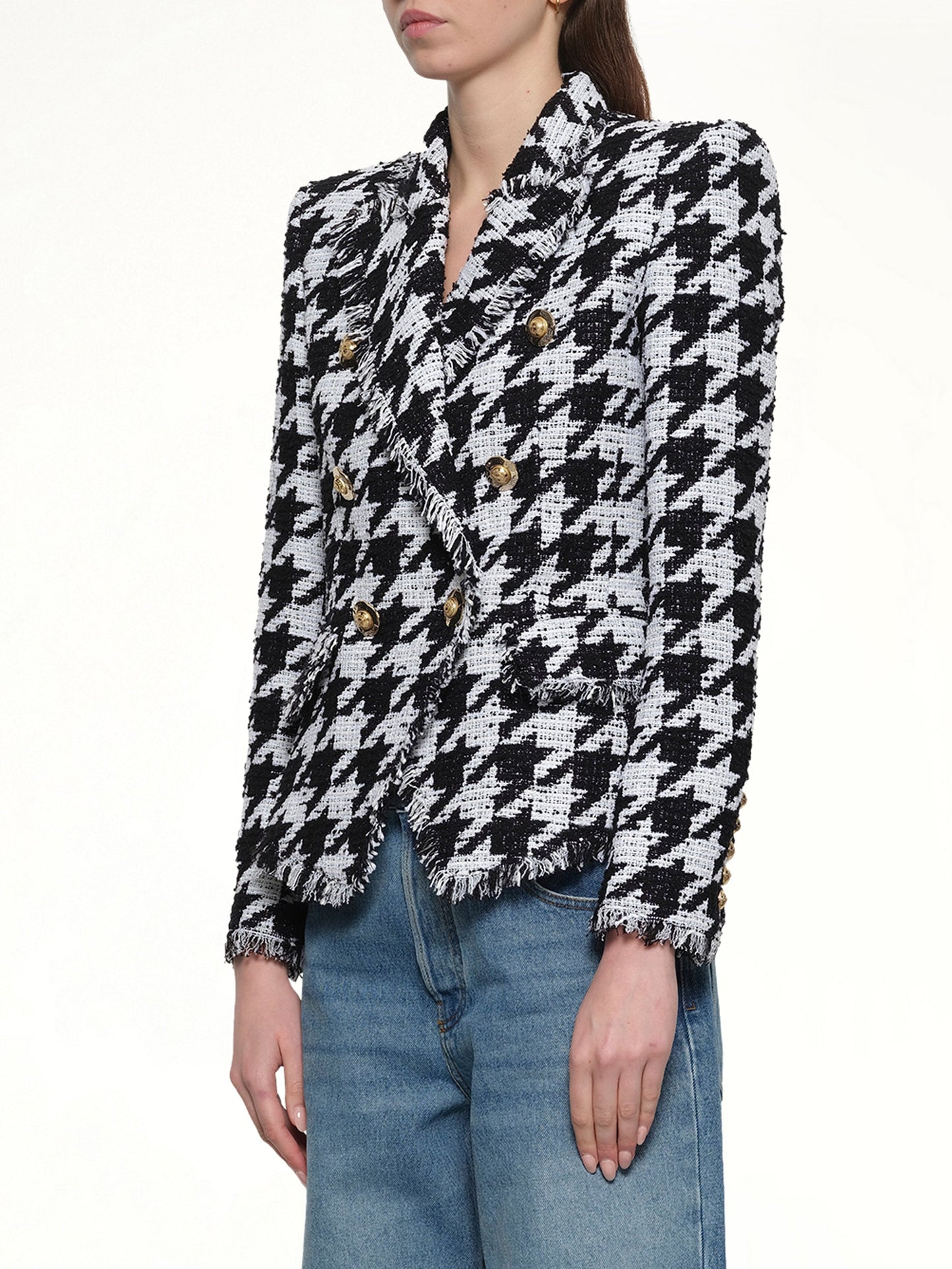 BALMAIN 6 Buttons Fitted Tweed Jacket (White/Black)