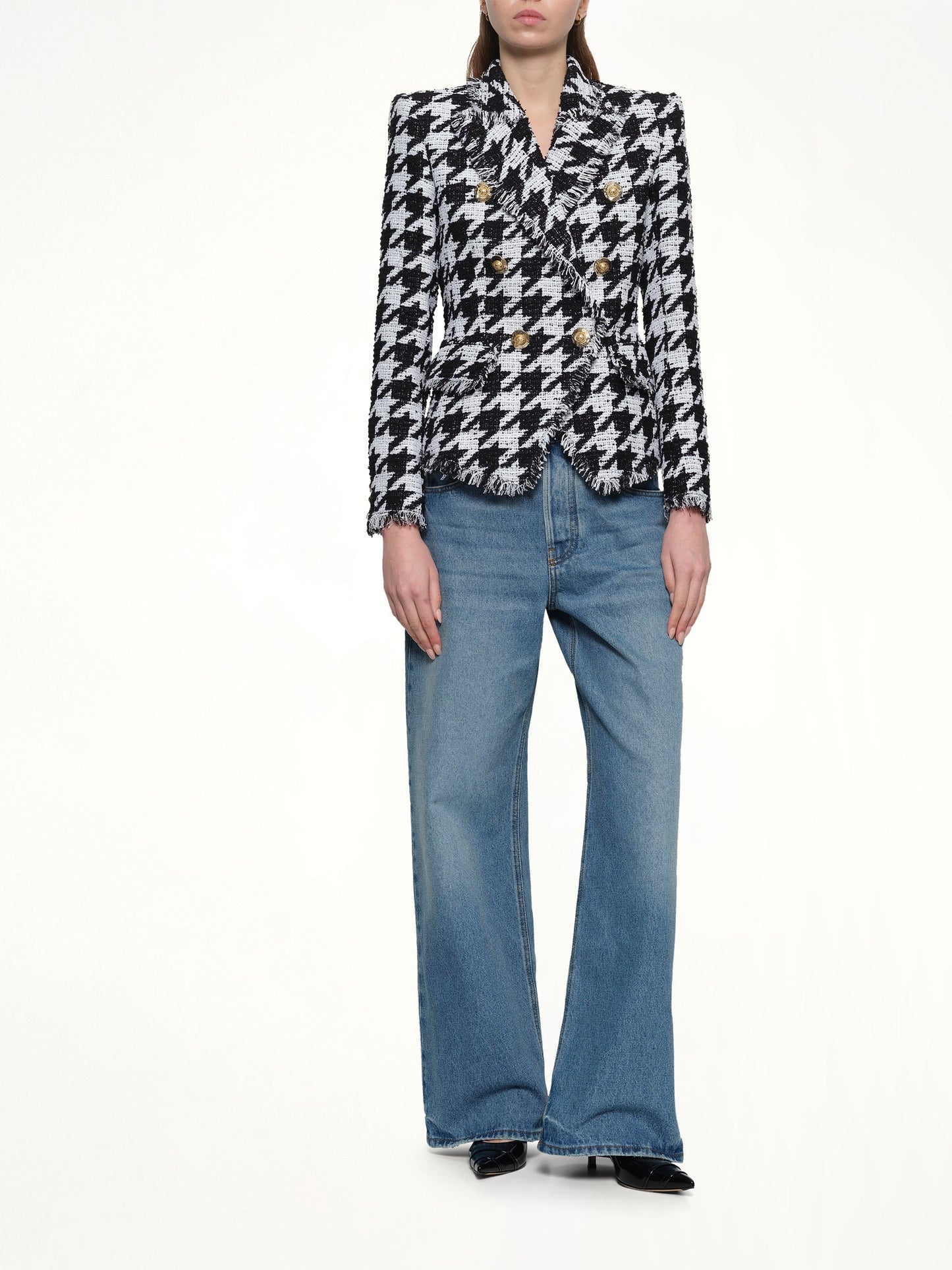 BALMAIN 6 Buttons Fitted Tweed Jacket (White/Black)