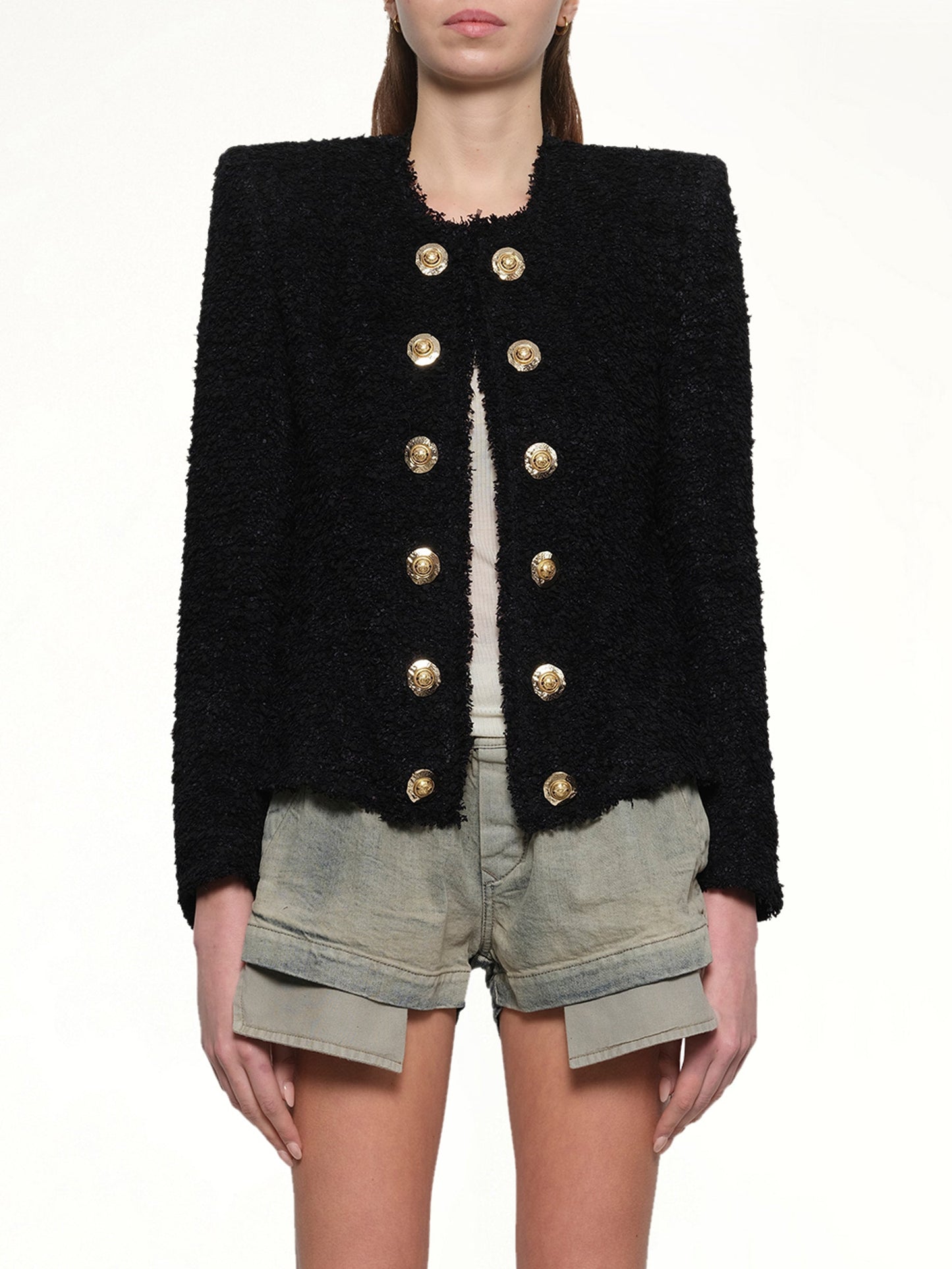 Image of Coats & Jackets. Productname: BALMAIN Tweed Spencer Jacket in BLACK colour by brand - BALMAIN