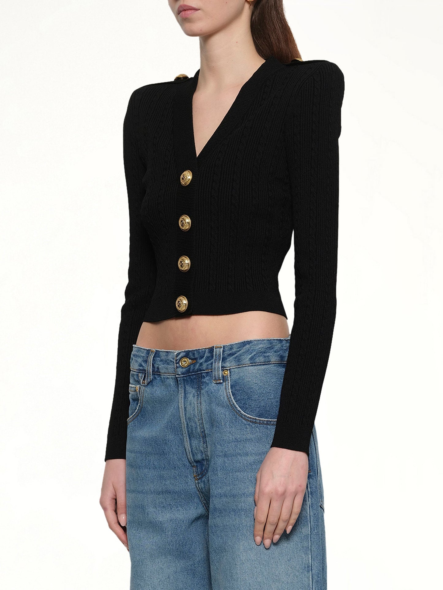 BALMAIN LS Buttoned V-Neck Torsade Knit Cardigan (Black)