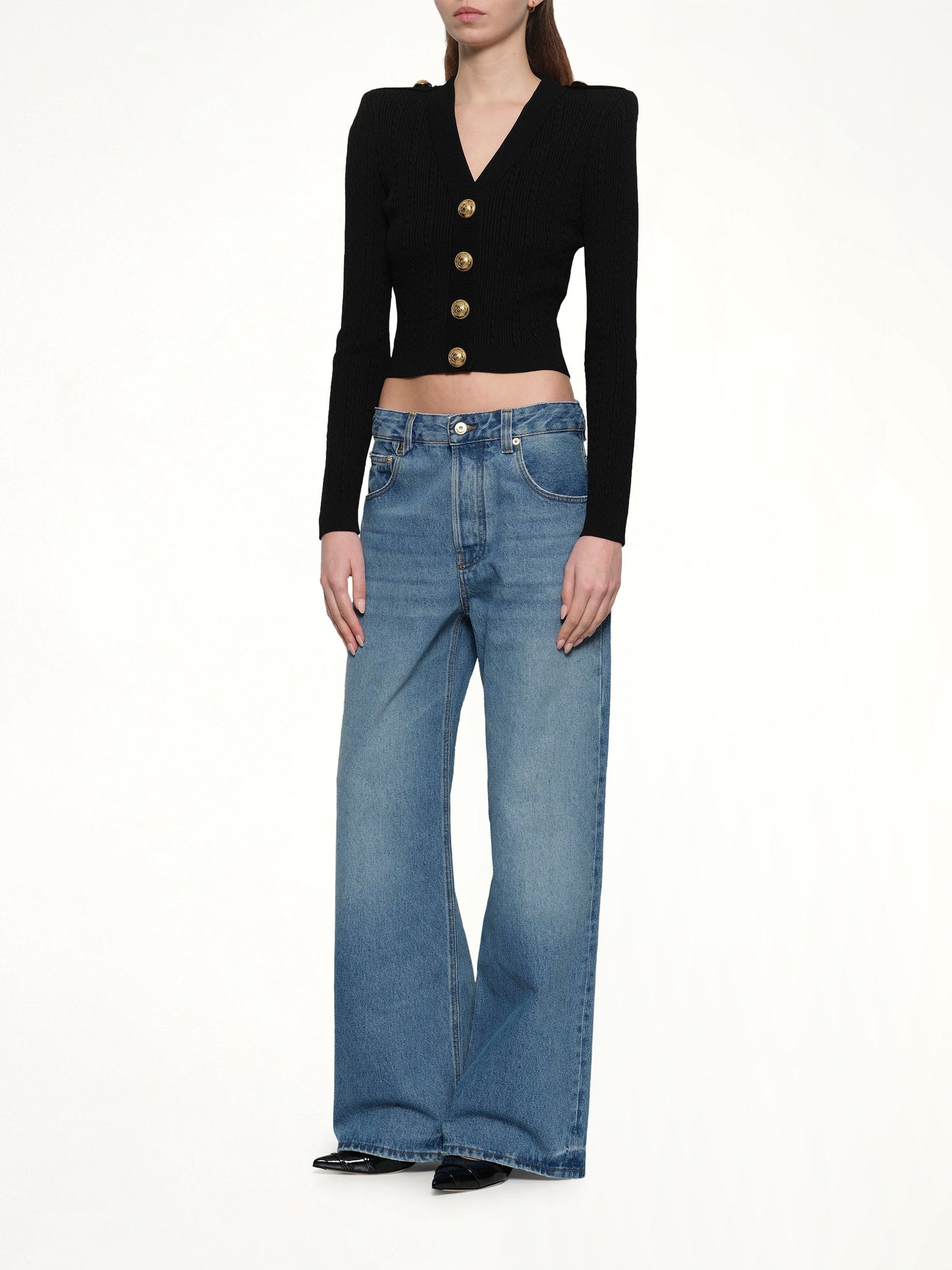 BALMAIN LS Buttoned V-Neck Torsade Knit Cardigan (Black)