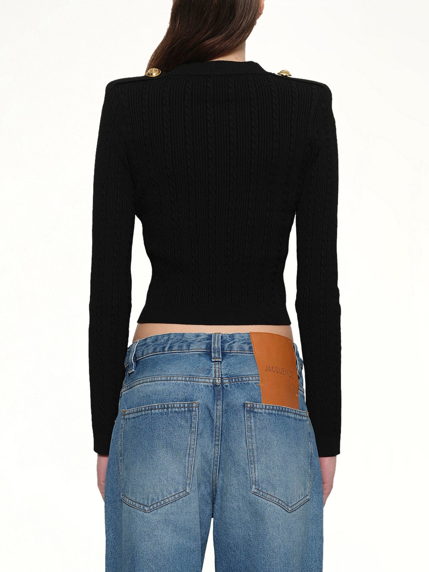 BALMAIN LS Buttoned V-Neck Torsade Knit Cardigan (Black)