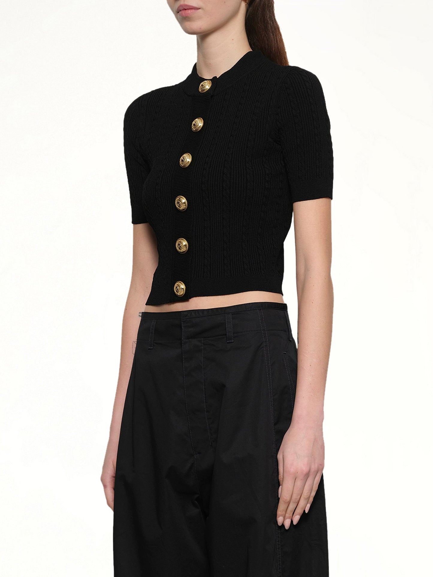 BALMAIN SS Buttoned Torsade Knit Cardigan (Black)