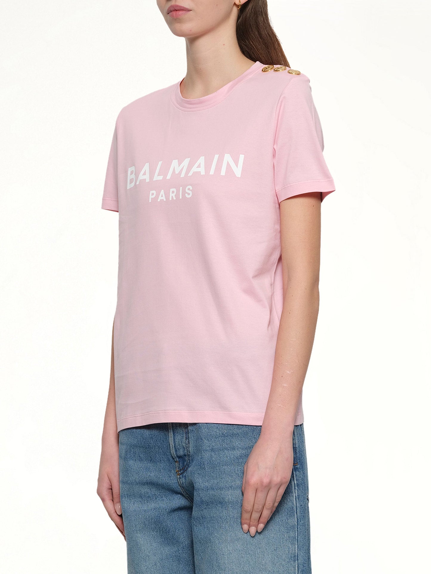 BALMAIN 3 BTN Balmain Printed T-Shirt (Rose/White)