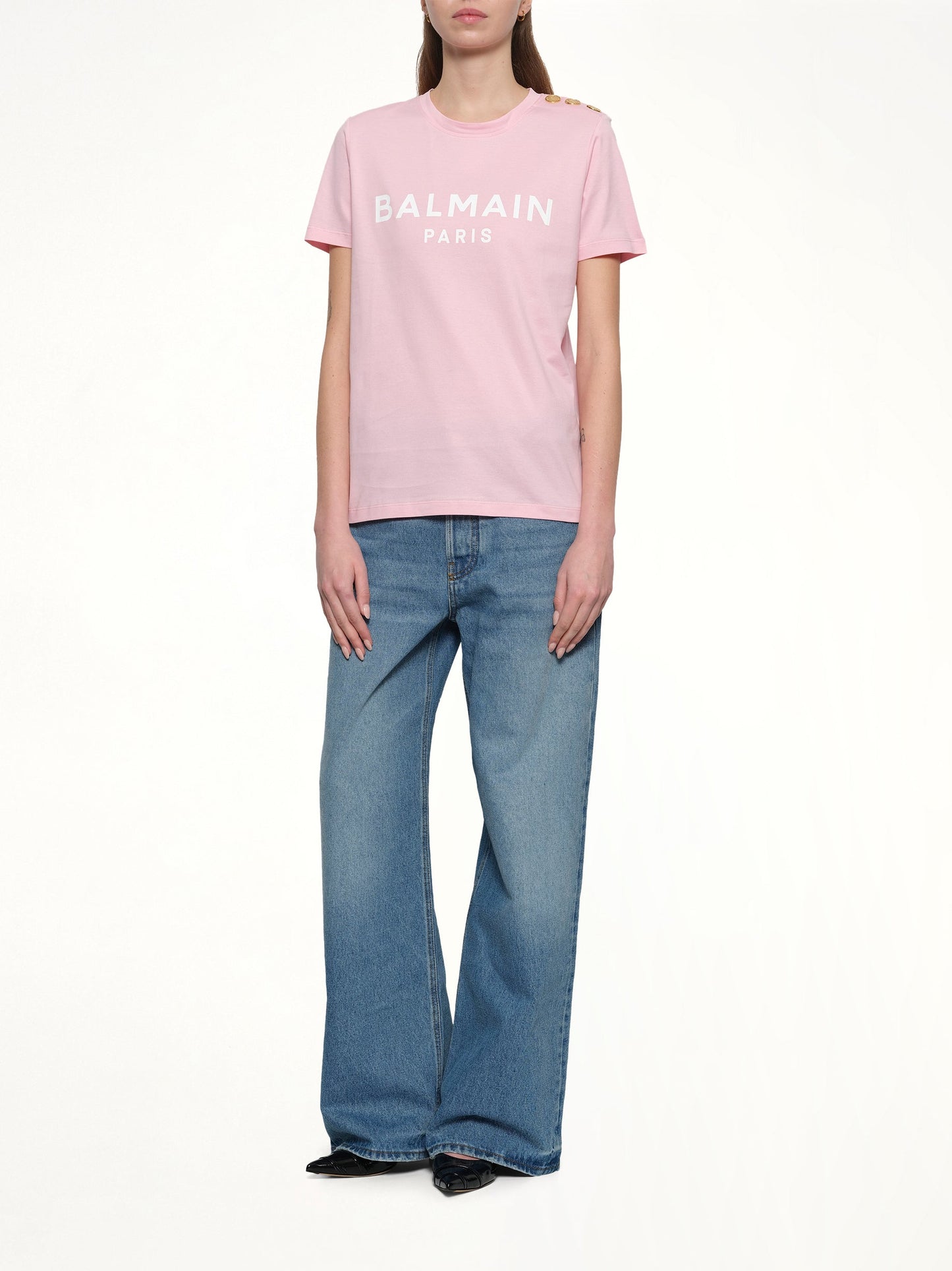 BALMAIN 3 BTN Balmain Printed T-Shirt (Rose/White)