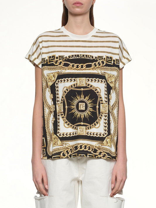 Image of a model wearing Tops. Productname: BALMAIN 3 BTNS Foulard Print T-Shirt in WHITE/BLACK/GOLD colour by brand - BALMAIN