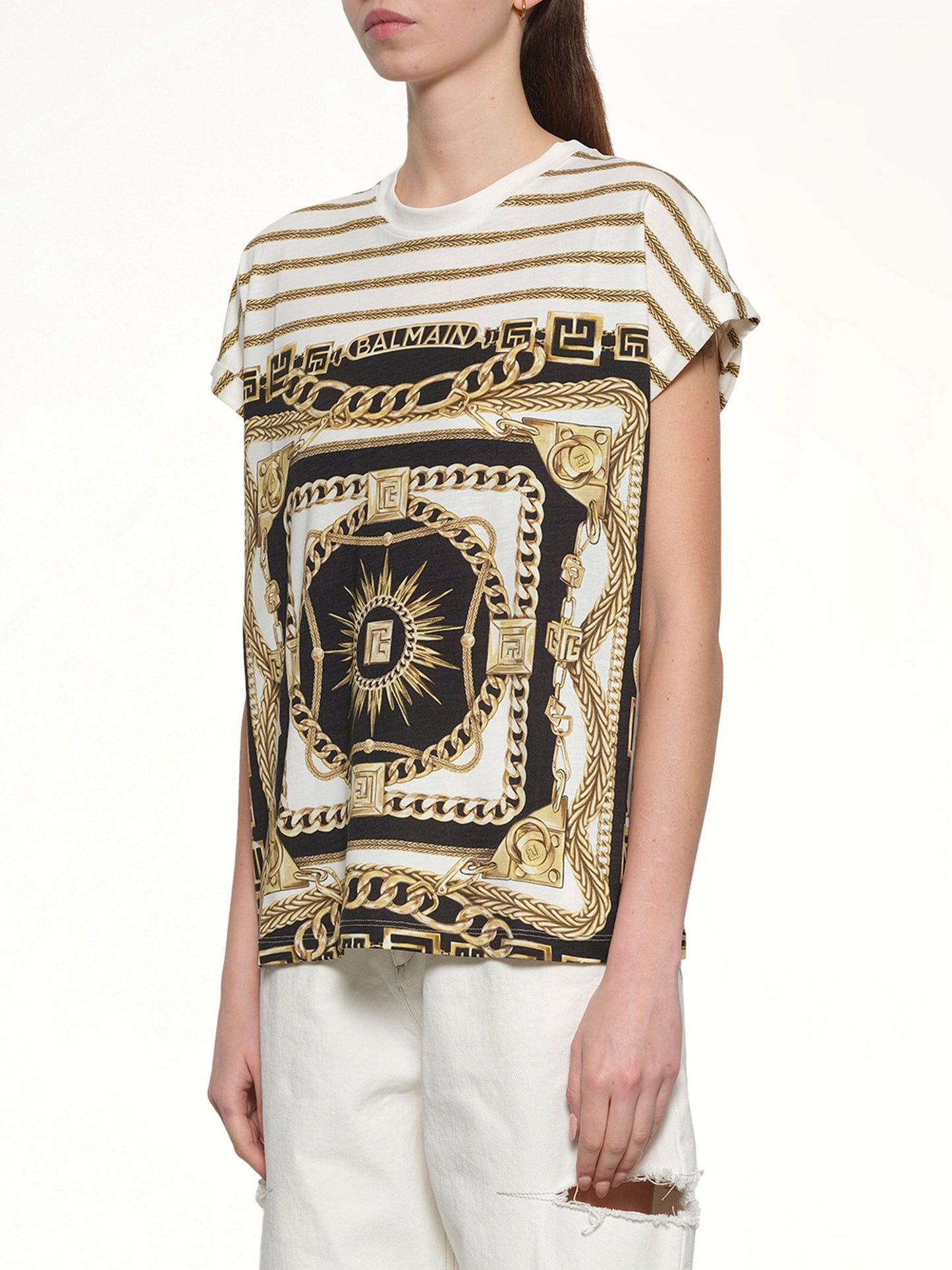 BALMAIN 3 BTNS Foulard Print T-Shirt (White)