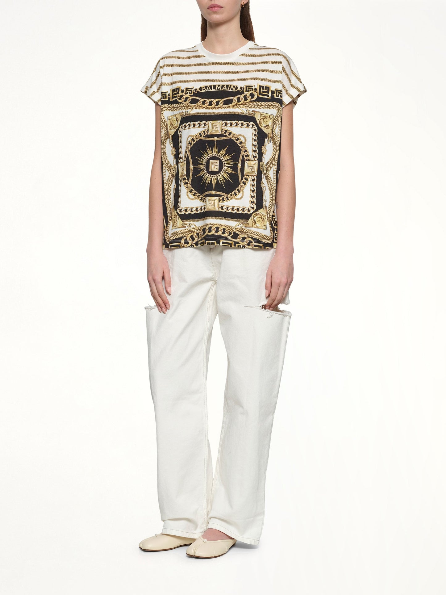 BALMAIN 3 BTNS Foulard Print T-Shirt (White)