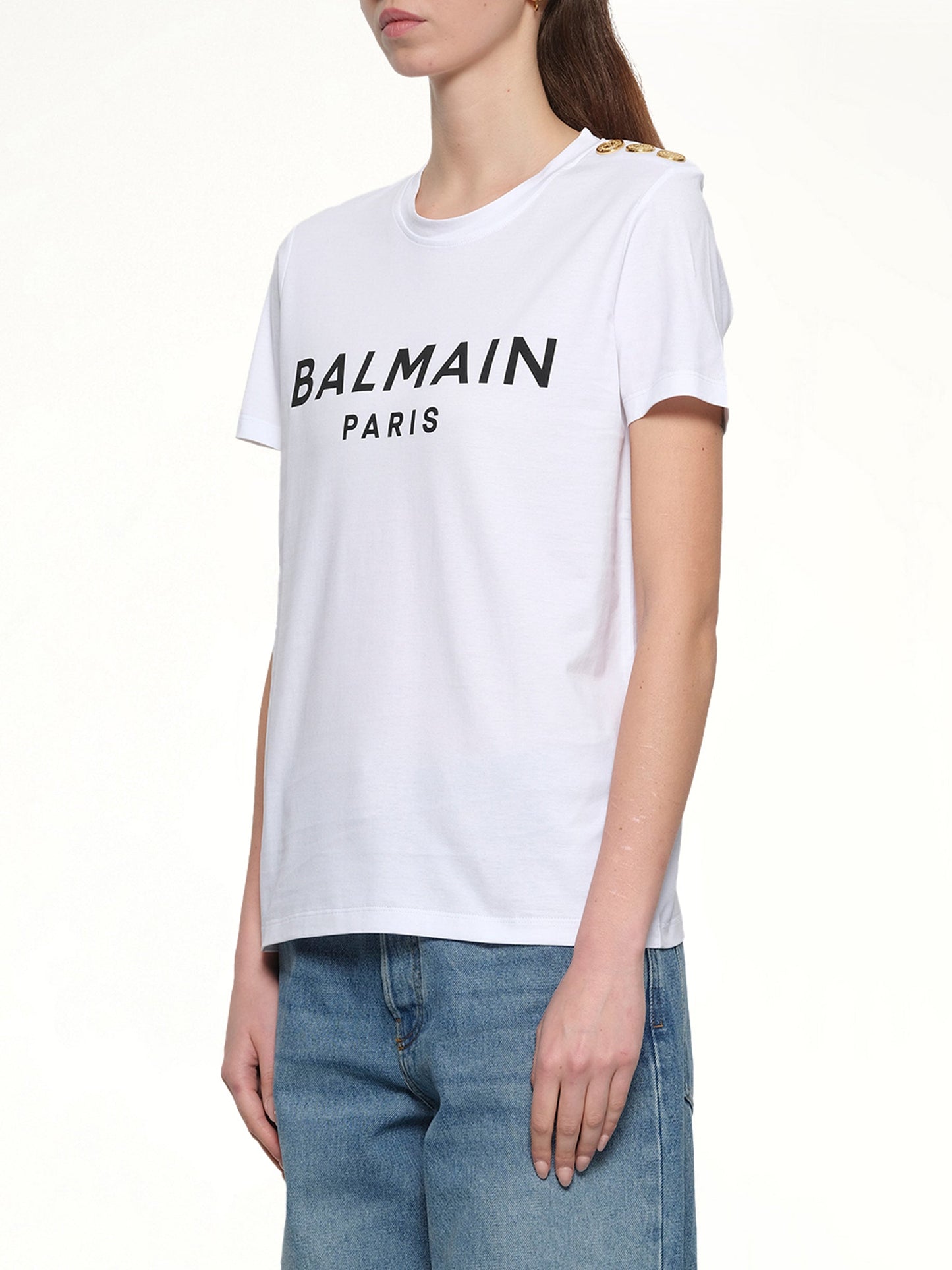 BALMAIN 3 Button Printed Logo Classic Fit T-Shirt (White)