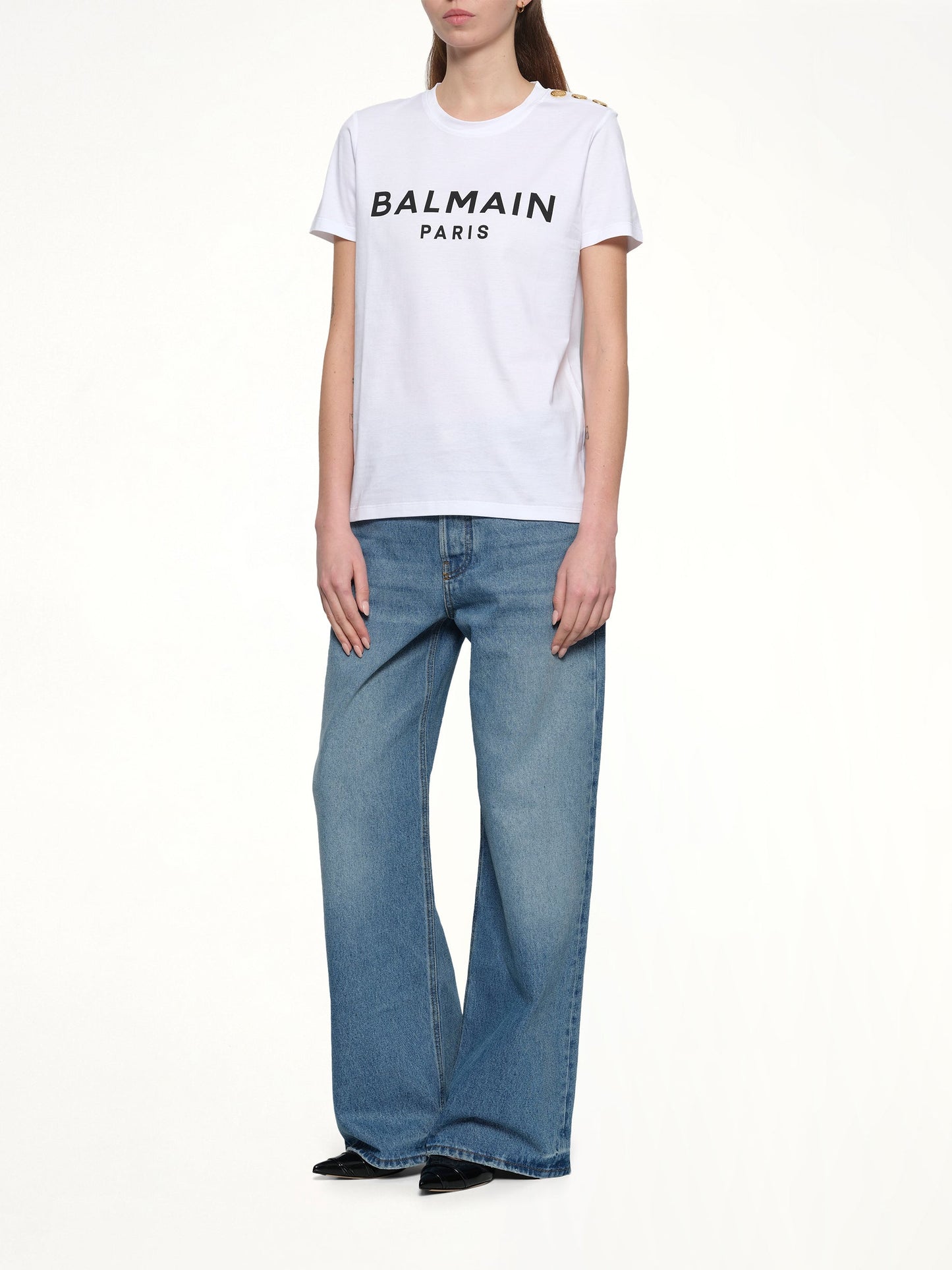 BALMAIN 3 Button Printed Logo Classic Fit T-Shirt (White)
