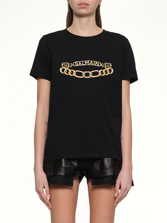 Image of a model wearing Tops. Productname: BALMAIN Balmain Chains Printed T-Shirt in BLACK/GOLD colour by brand - BALMAIN