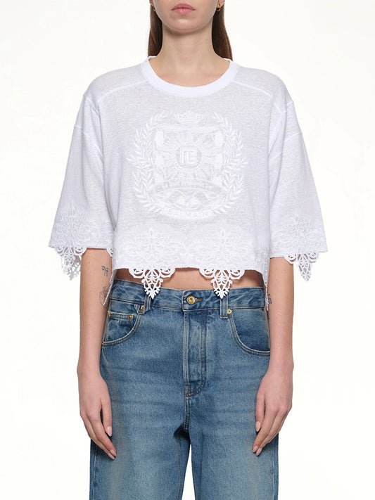Image of T-Shirts. Product name - Balmain Emblem Baseball T-Shirt in White colour by brand - BALMAIN