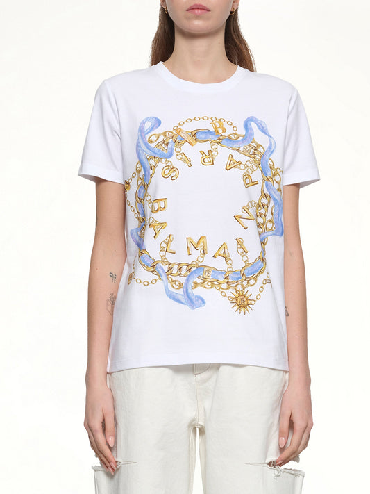Image of T-Shirts. Productname: Balmain Paris Chain T-Shirt in White/Blue/Gold colour by brand - BALMAIN