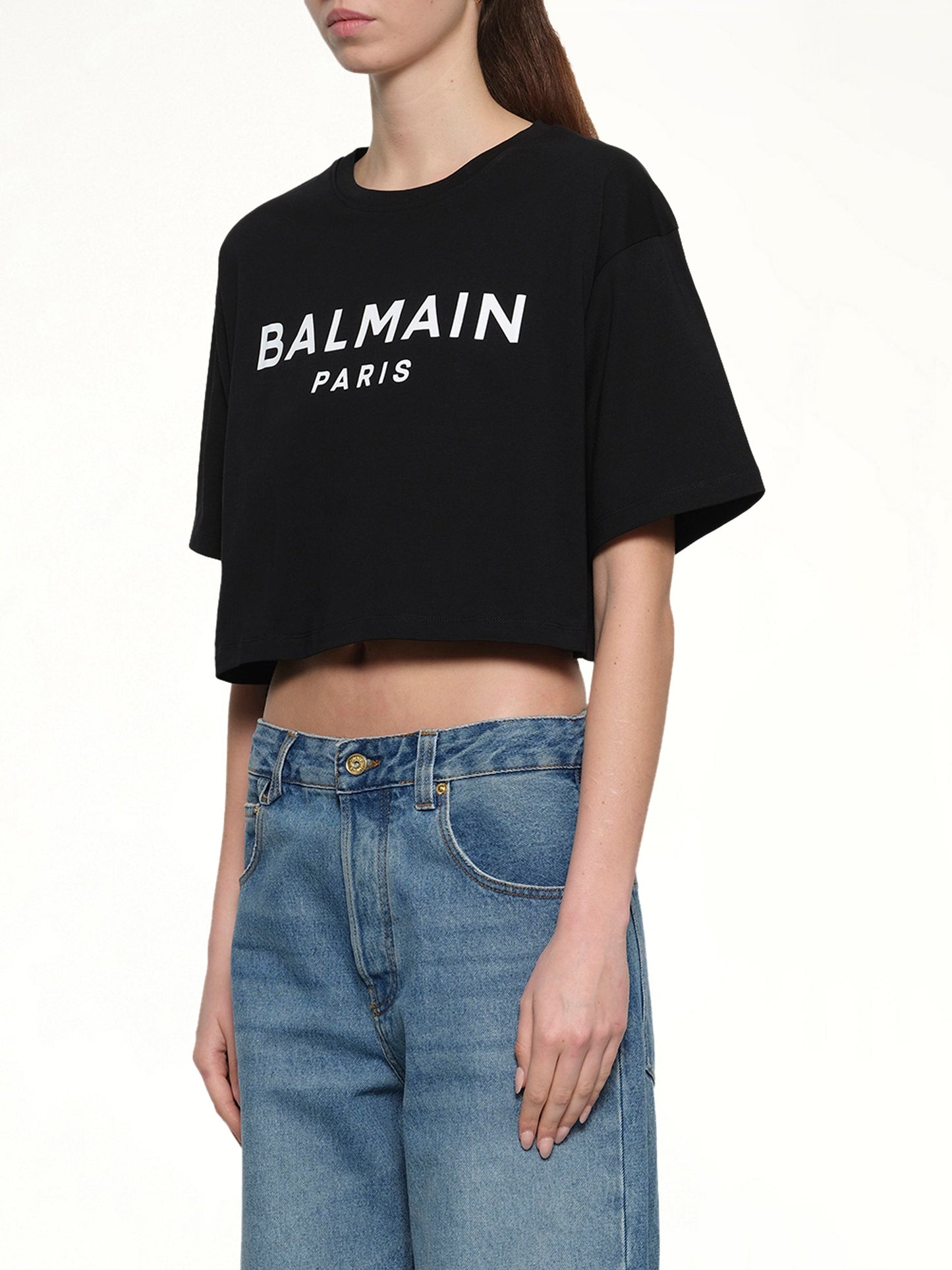 BALMAIN Cropped Print Logo Eco T-Shirt (Black)