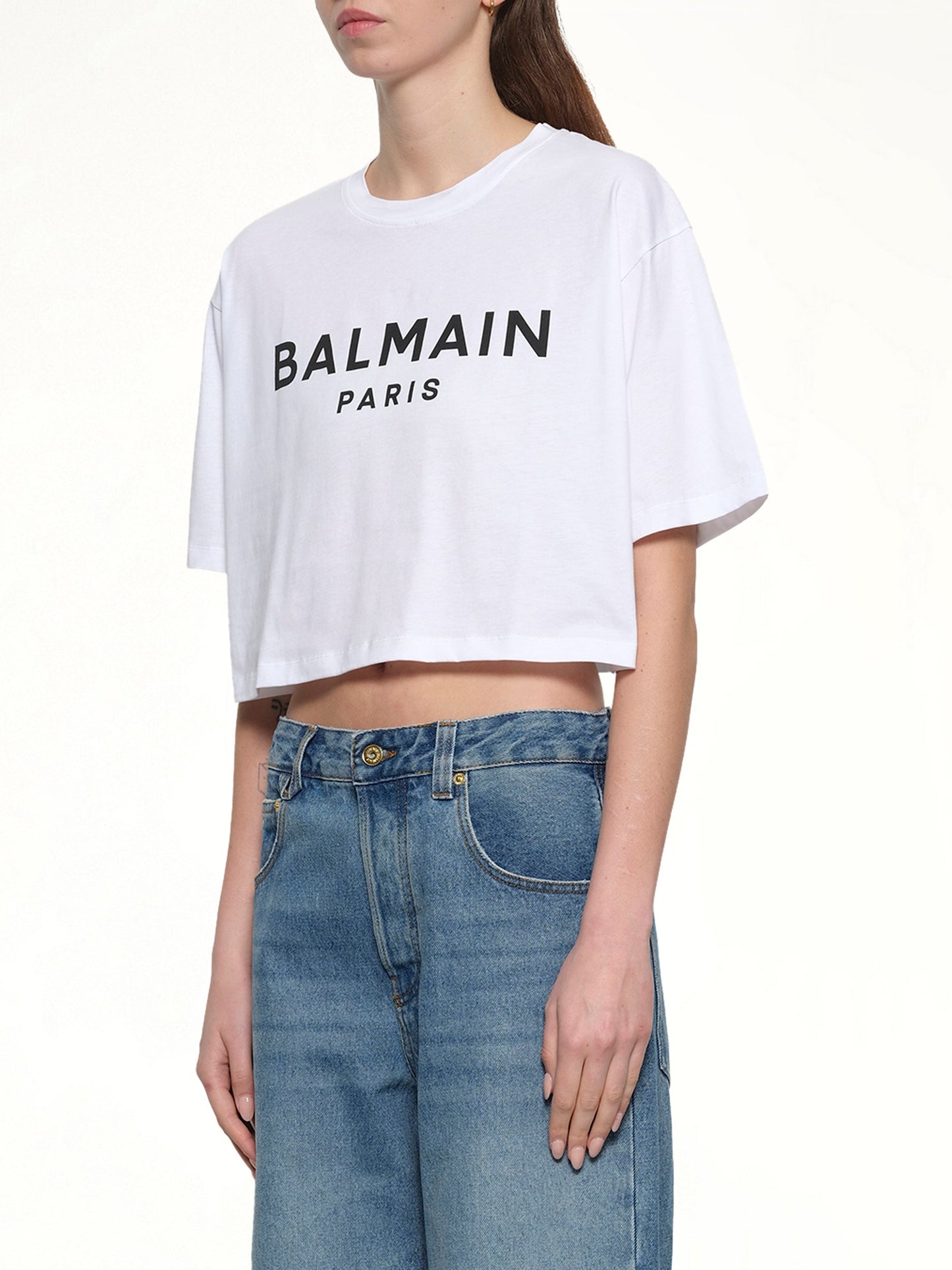 BALMAIN Logo Print Cropped T-Shirt (White)