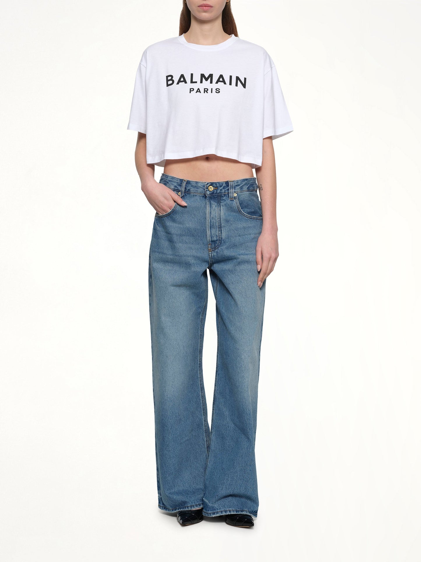 BALMAIN Logo Print Cropped T-Shirt (White)