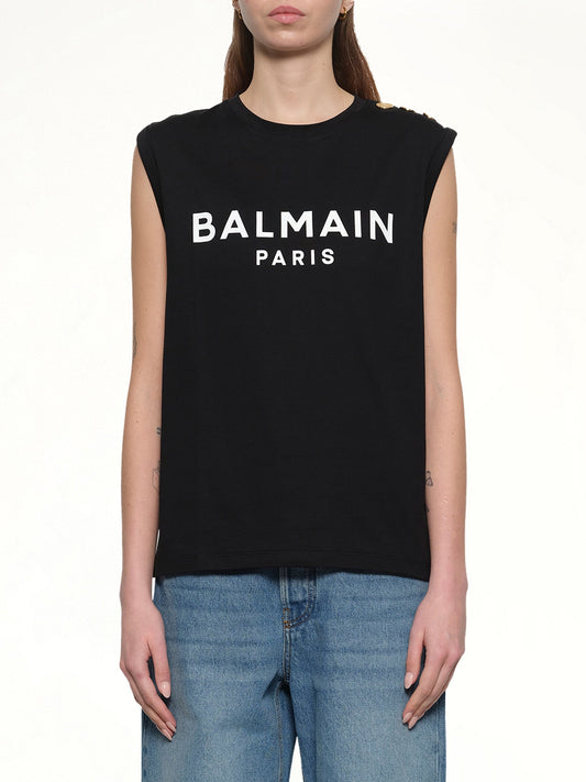 Image of a model wearing Tops. Productname: BALMAIN 3 Buttons Logo Tank Top in BLACK/WHITE colour by brand - BALMAIN