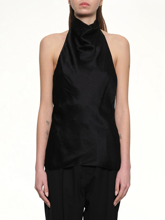 Image of a model wearing Tops. Productname: BALMAIN Halterneck Crepe Satin Top in BLACK colour by brand - BALMAIN