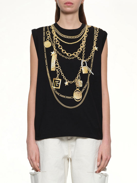 Image of a model wearing Tops. Productname: BALMAIN Trompe L'Oeil Necklace Print Tank Top in BLACK/GOLD colour by brand - BALMAIN