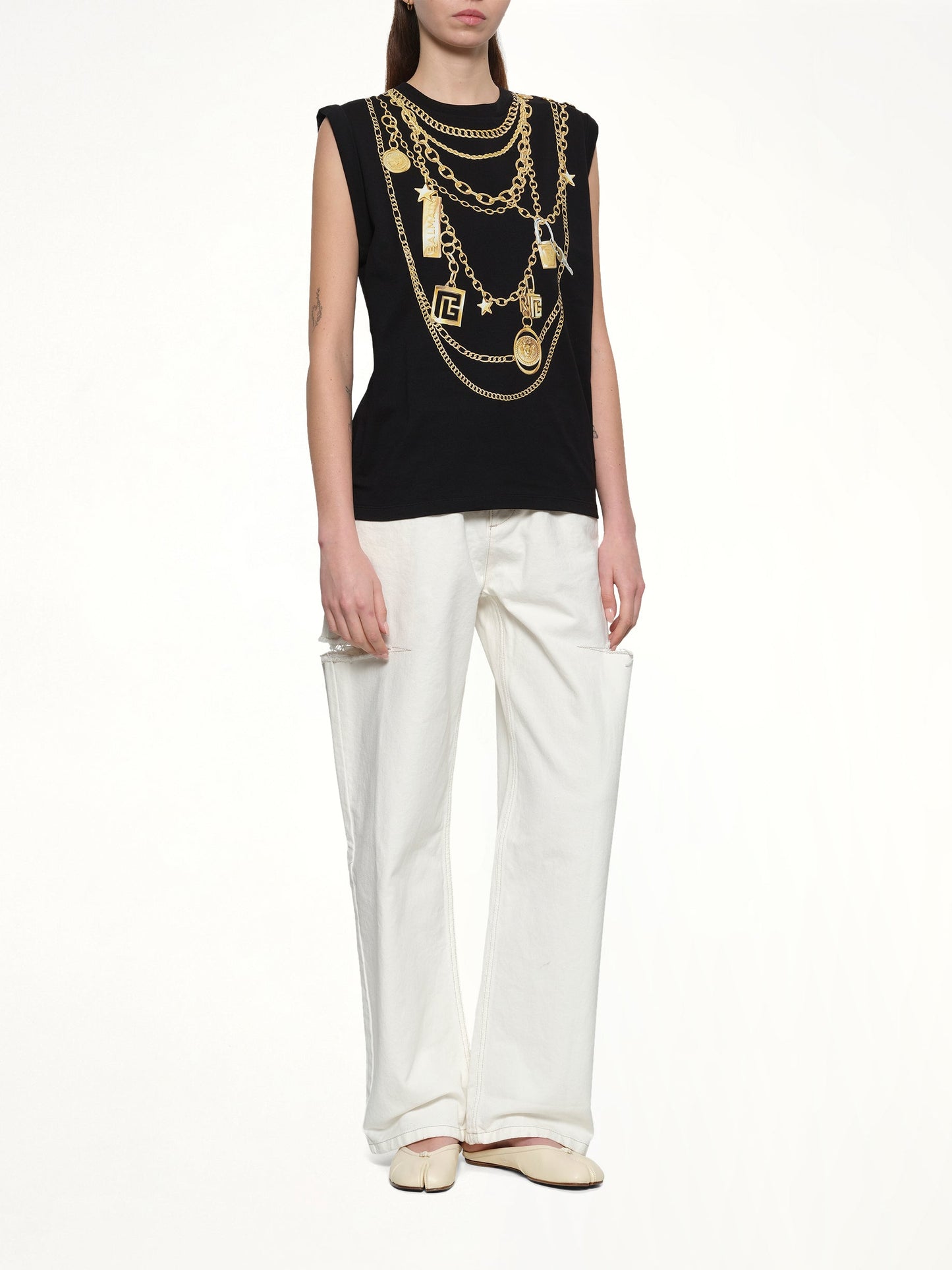 BALMAIN Trompe L'Oeil Necklace Print Tank Top (Black/Gold)