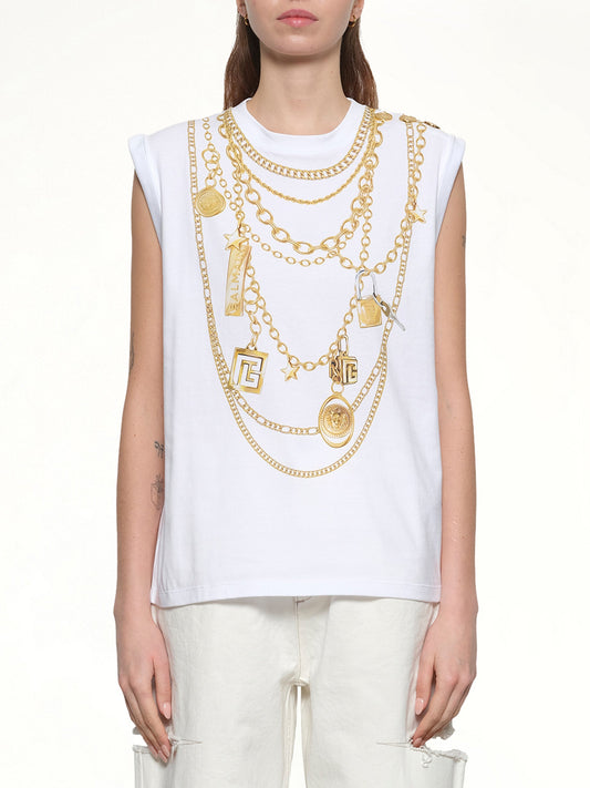 Image of a model wearing Tops. Productname: BALMAIN Trompe L'Oeil Necklace Print Tank Top in WHITE/GOLD colour by brand - BALMAIN