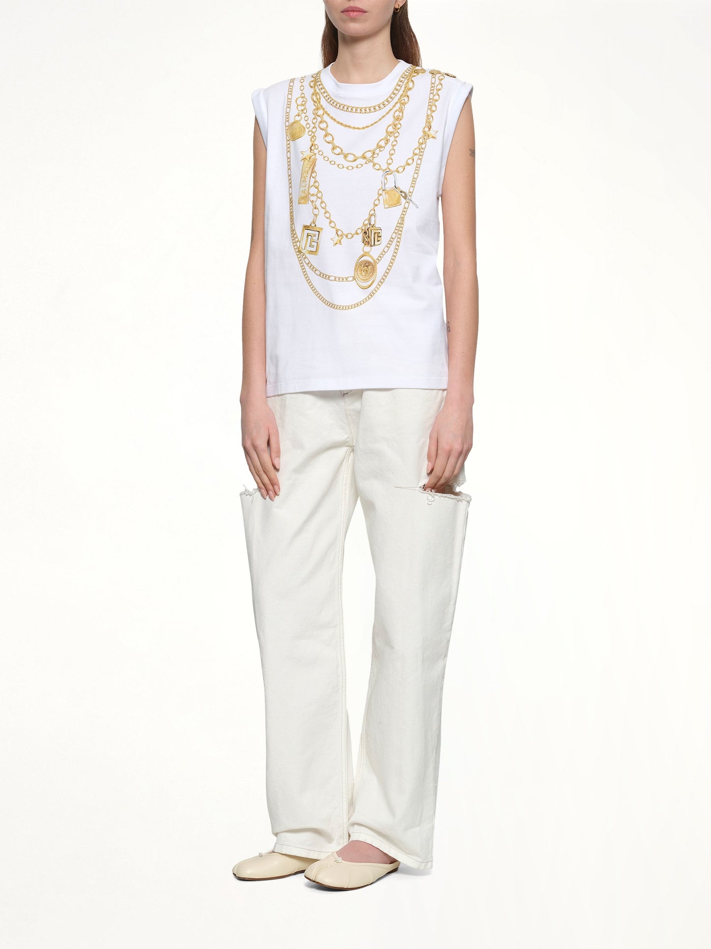 BALMAIN Trompe L'Oeil Necklace Print Tank Top (White)