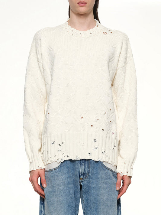 Image of a model wearing Outerwear. Productname: MARNI Logo Embroidery Knit Sweater in Lily White colour by brand - MARNI