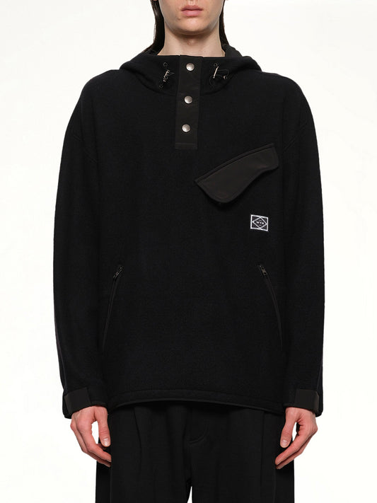 Image of a model wearing Outerwear. Productname: WOOYOUNGMI Fleece Hoodie in BLACK colour by brand - WOOYOUNGMI