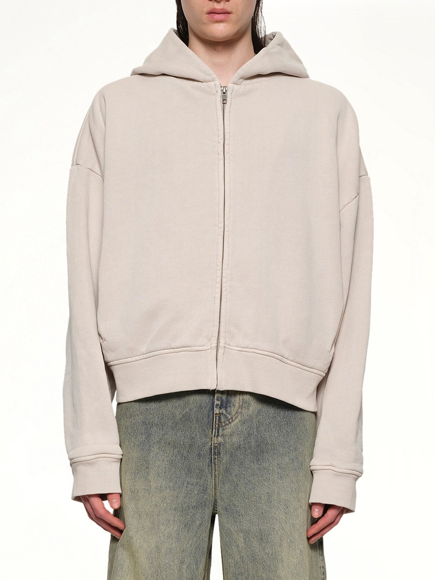 Image of a model wearing Outerwear. Productname: ENTIRE STUDIOS Thermal Hood in OFF WHITE colour by brand - ENTIRE STUDIOS
